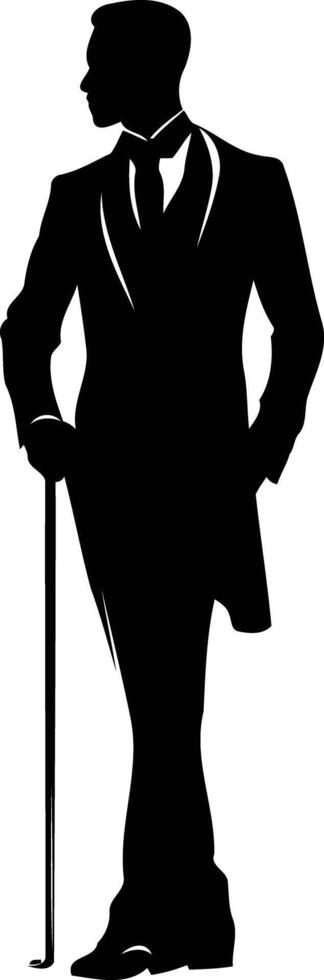 Silhouette of a man in a suit and cane, standing with his back to the viewer vector