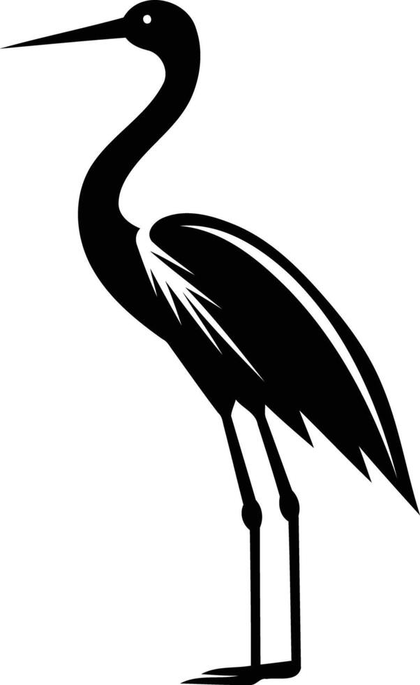 Simple black and white illustration of a graceful crane standing on one leg vector