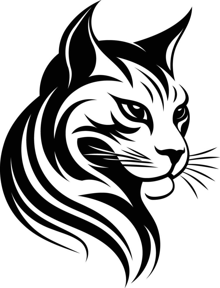 A bold, stylized black and white illustration of a cat's head, perfect for tattoo designs, animal lovers, and anyone seeking a fierce and elegant image vector