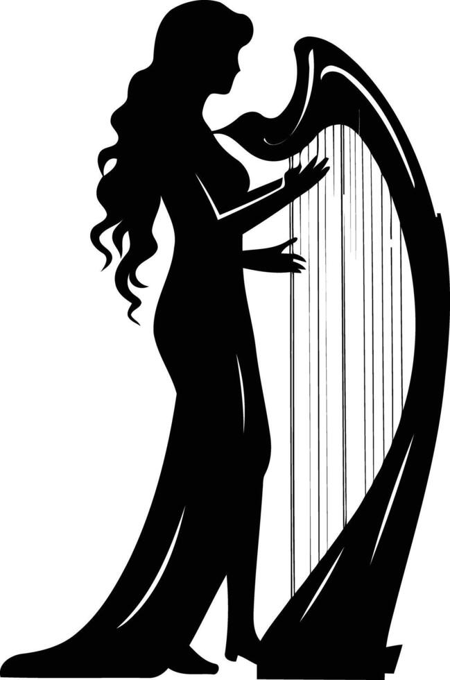 Silhouette of a woman playing a harp, a classic and elegant design perfect for music-related projects vector