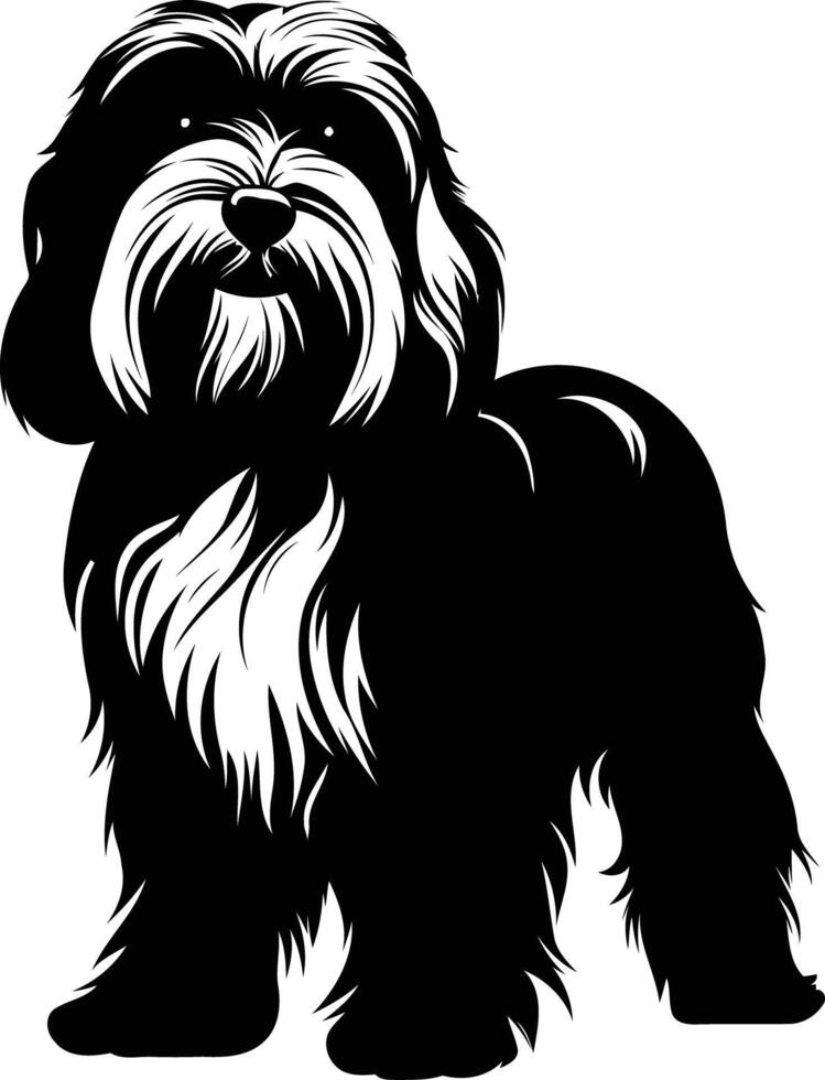 A striking black and white silhouette of a fluffy dog, perfect for pet-related designs, logos, or illustrations vector