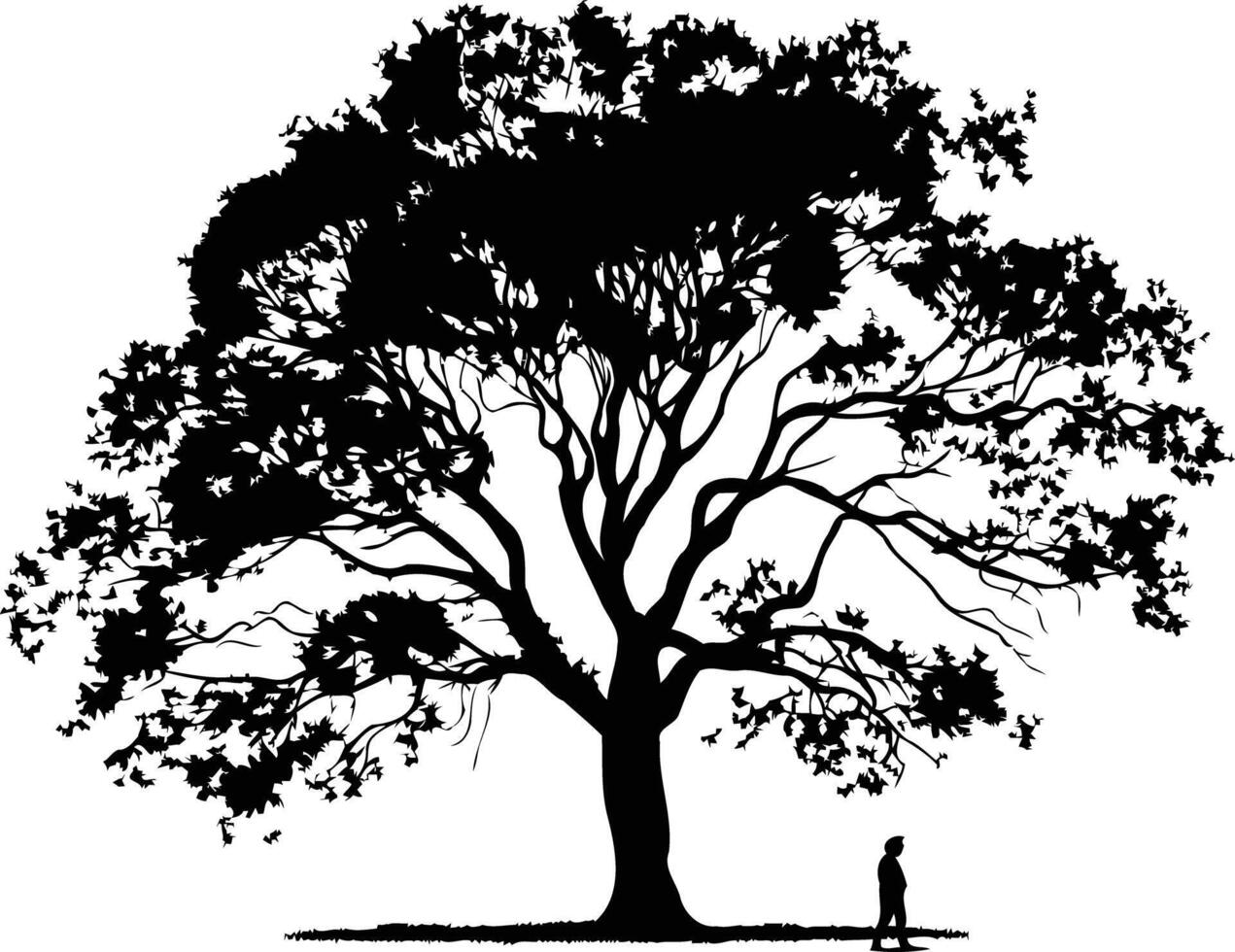 A simple yet powerful silhouette of a single tree and a lone figure, perfect for evoking feelings of solitude, nature, and contemplation vector