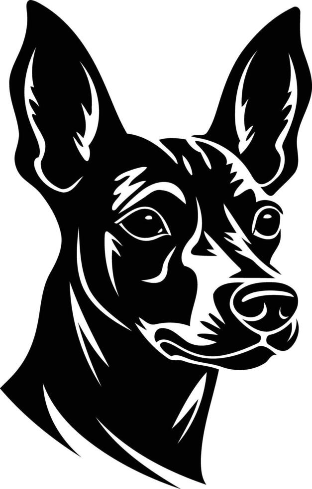 A striking black and white silhouette of a miniature pinscher's head, perfect for logo designs, pet-related branding, and more vector