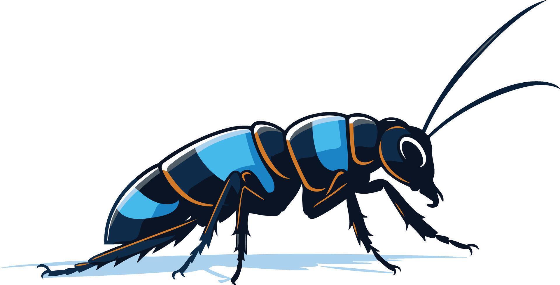 Blue and Black Beetle with Long Antennae vector