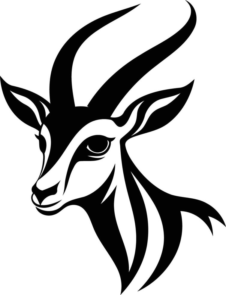 Black and white stylized illustration of a gazelle head with curved horns, perfect for tattoo designs, logos, and nature-themed projects vector