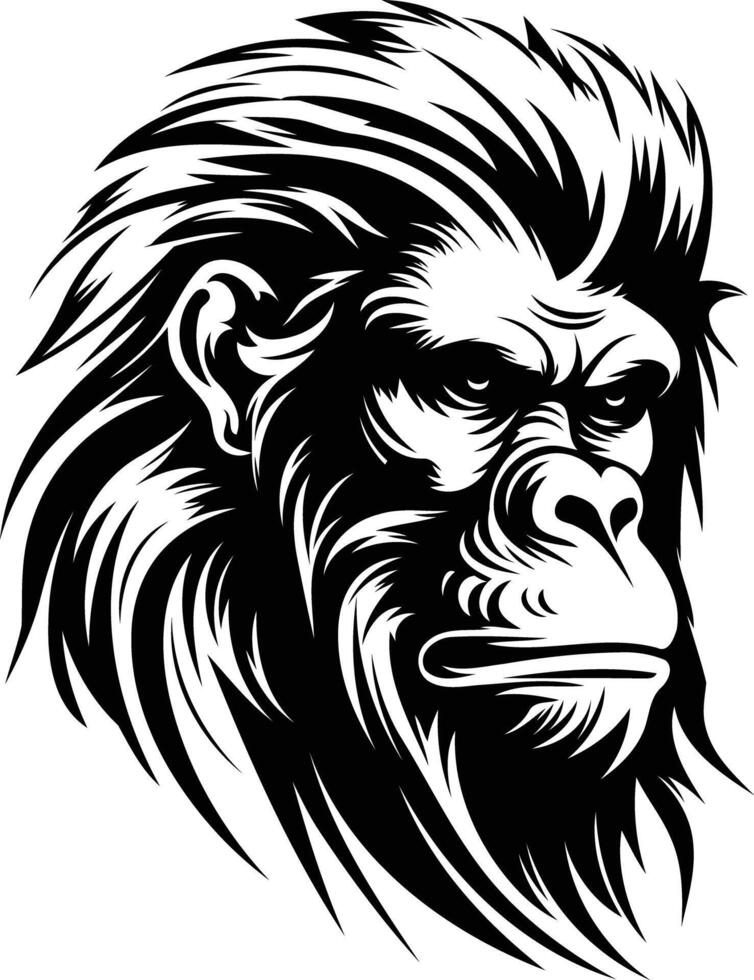 A powerful black and white illustration of a gorilla head, capturing its intensity and strength vector