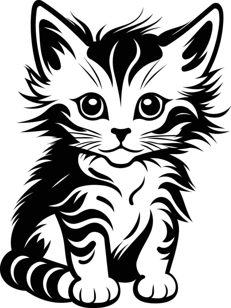 Adorable black and white illustration of a cute kitten vector