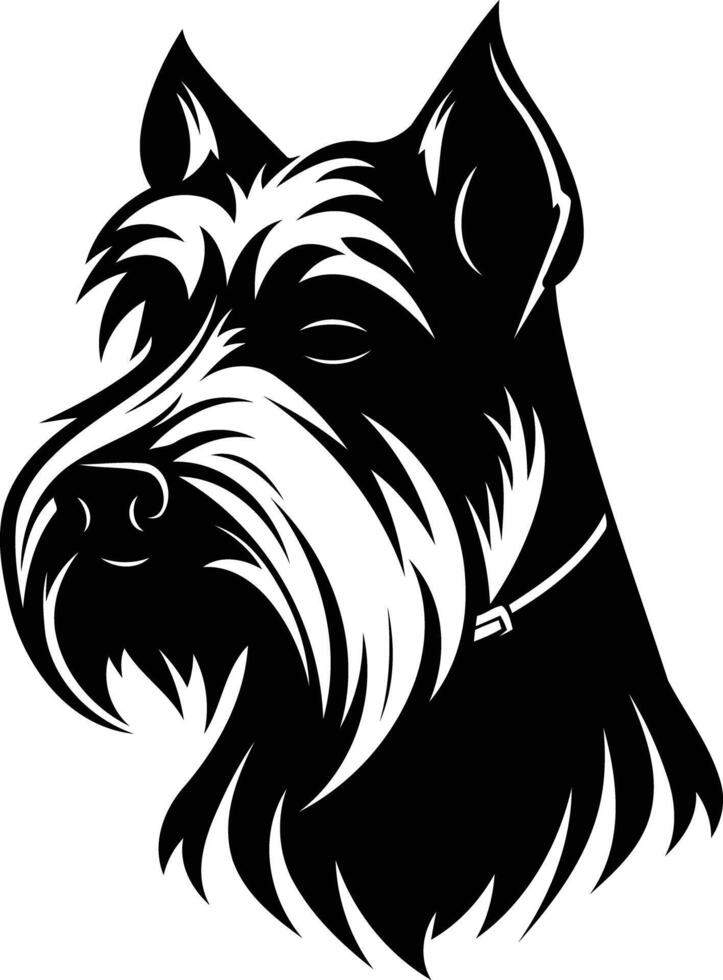 Black and white illustration of a schnauzer dog head, perfect for logo design, branding, or t-shirt printing vector
