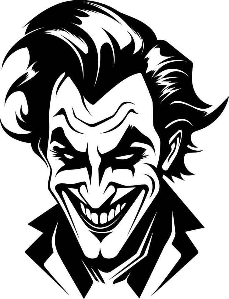 Black and white illustration of a joker-like character with a sinister grin vector