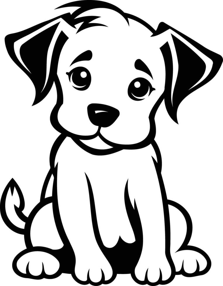 Adorable black and white illustration of a cute puppy sitting with big eyes vector