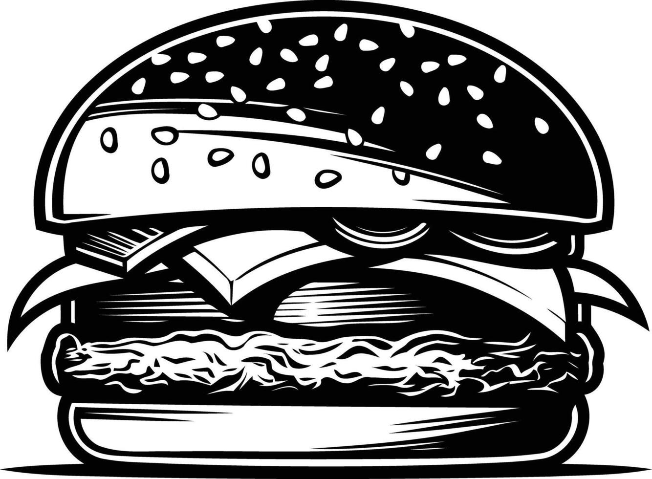 A bold and delicious black and white silhouette of a burger with sesame seed bun, cheese, lettuce, and tomato vector