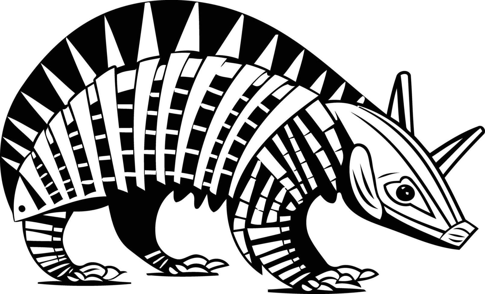 A striking black and white illustration of an armadillo, rendered in a bold, geometric style vector