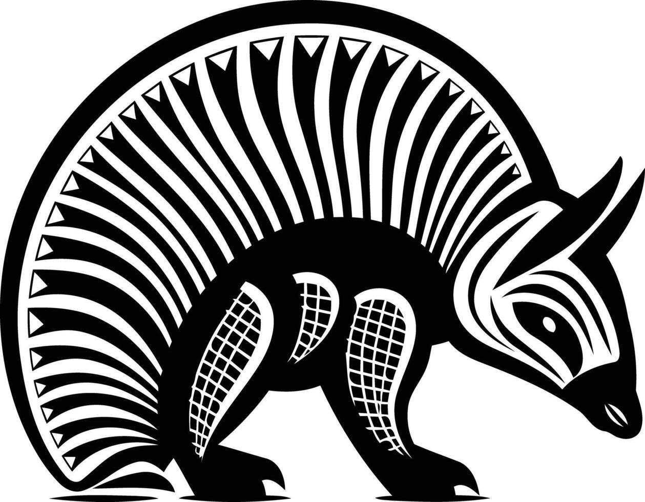 A stylized black and white illustration of an armadillo, perfect for tattoo designs, animal lovers, and anyone seeking a unique and bold graphic vector