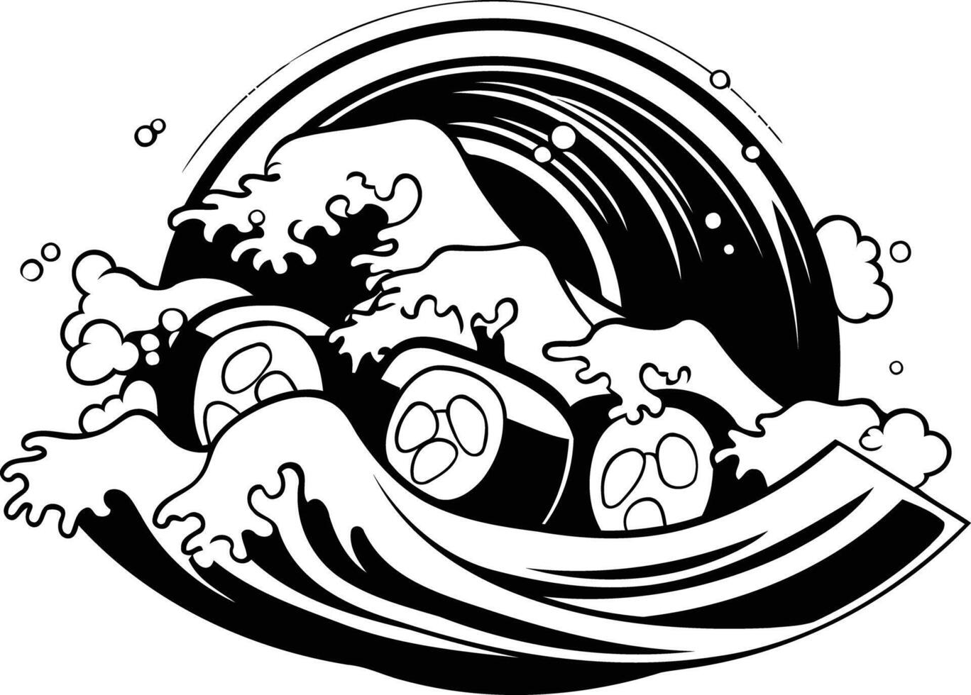 Black and white illustration of a japanese wave crashing over sushi rolls, perfect for tattoo design or asian-themed artwork vector