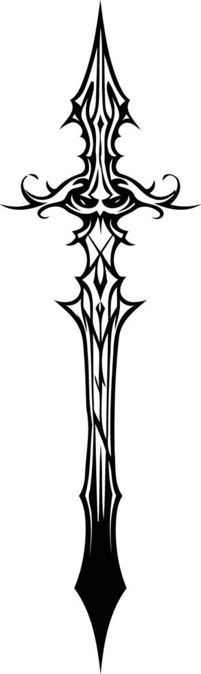 A stylized black and white illustration of a sword, featuring a detailed, intricate design vector