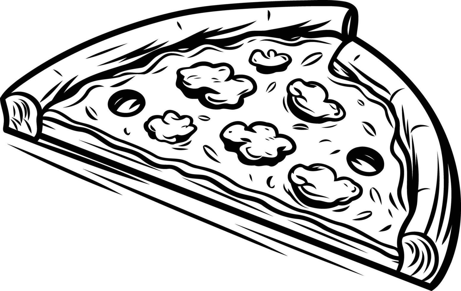 A black and white illustration of a single slice of pizza, showcasing a detailed, hand-drawn style vector