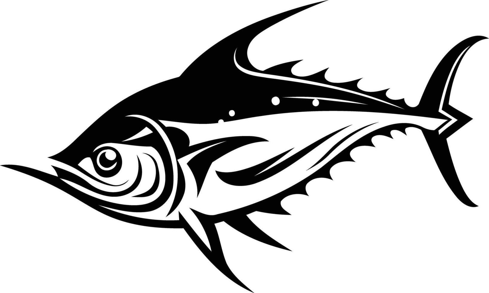 Black and white stylized illustration of a tuna fish, perfect for marine life designs, nautical branding, and fishing-themed projects vector