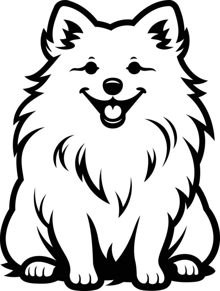 Adorable black and white illustration of a fluffy pomeranian dog sitting with a big smile vector