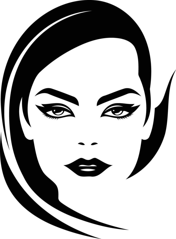 Elegant black and white illustration of a woman's face with bold makeup, perfect for beauty, fashion, and salon branding vector