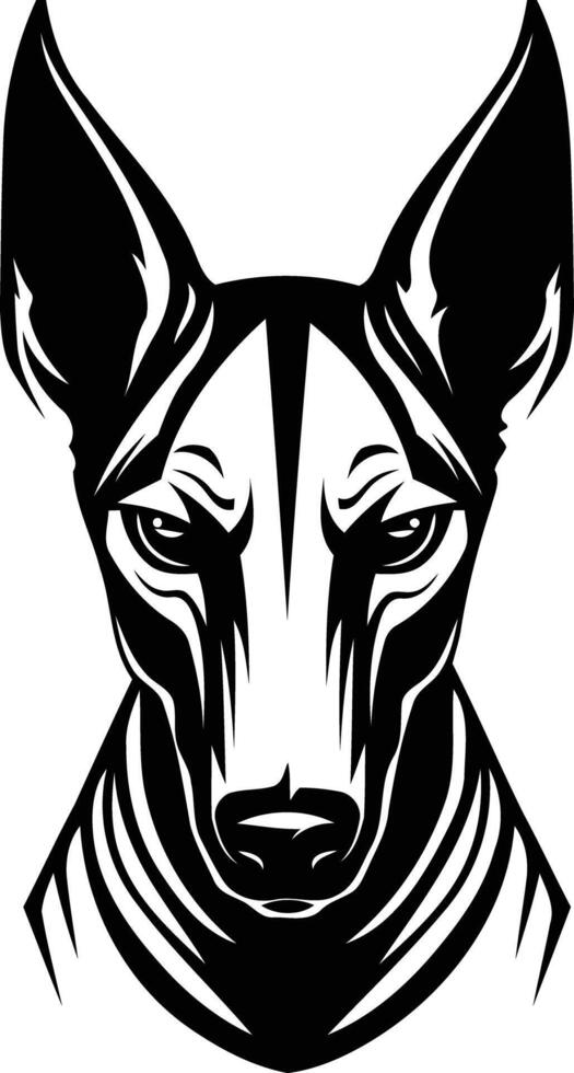 A striking black and white illustration of a xoloitzcuintli dog's head, showcasing its unique appearance and intense gaze vector