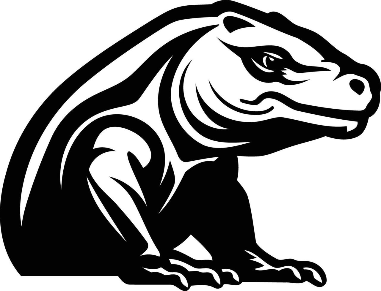 A powerful and fierce black and white illustration of a komodo dragon in a sitting pose vector