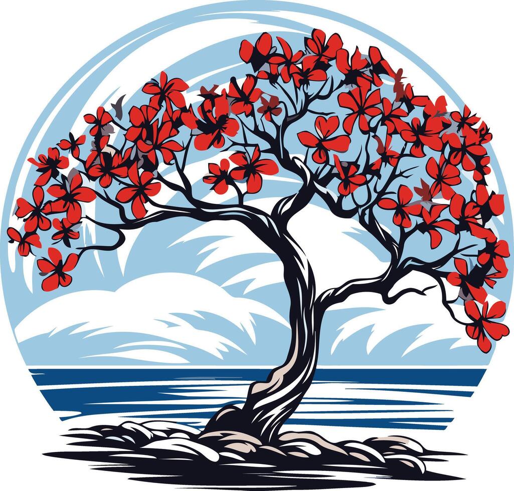 Red Blossom Tree by the Sea vector