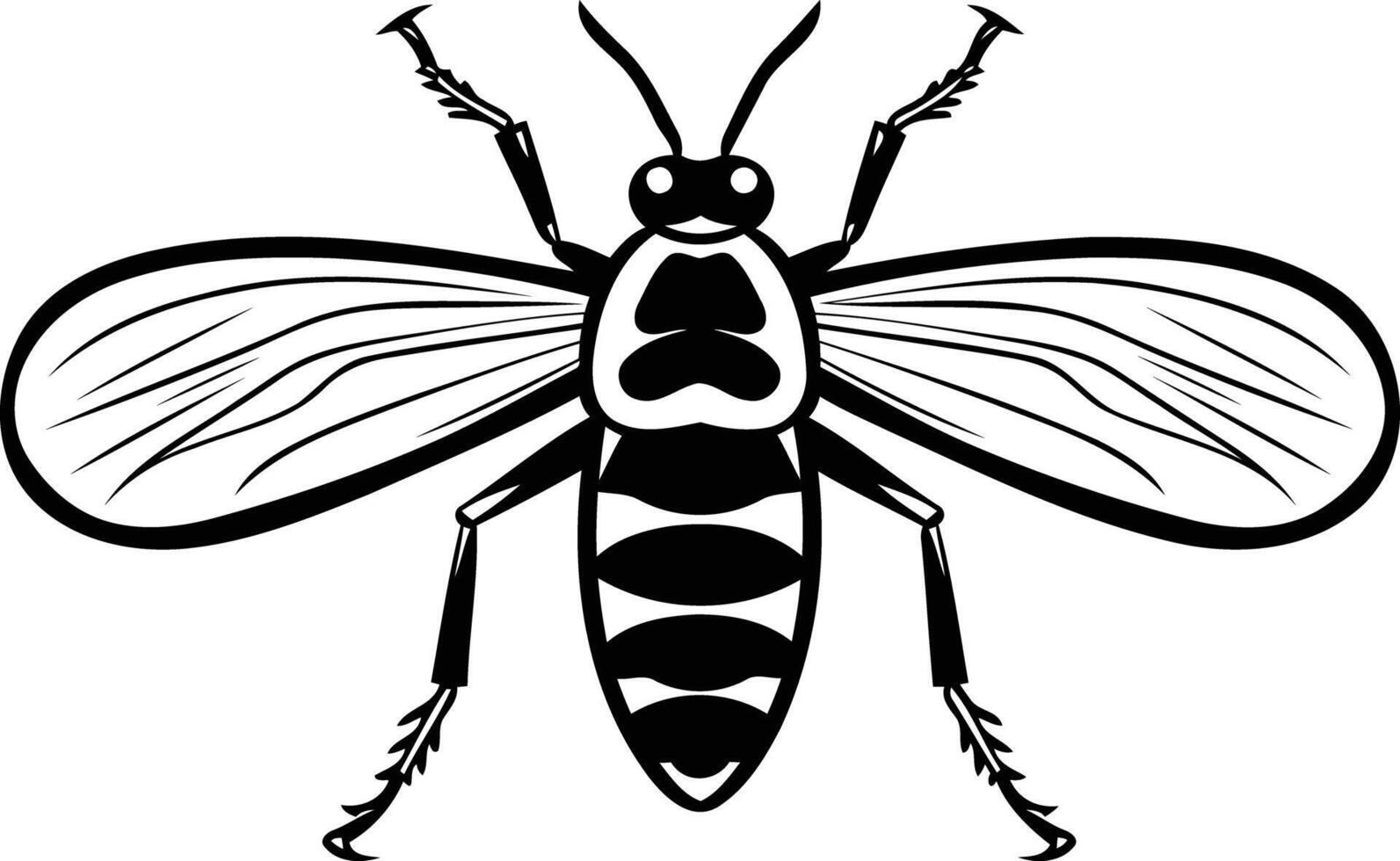 Black and white illustration of a wasp with detailed wings and body vector