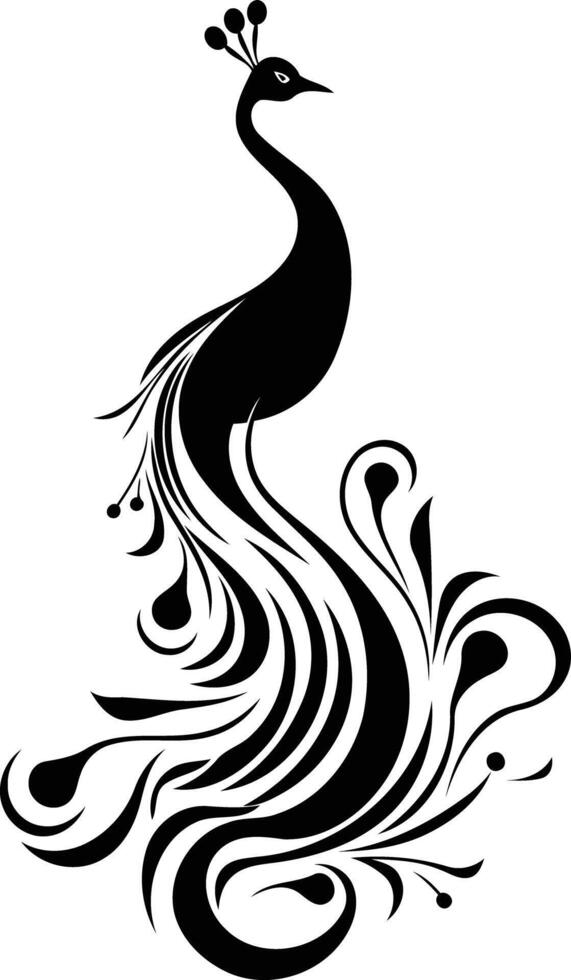 Elegant black and white peacock silhouette with intricate, stylized feathers vector