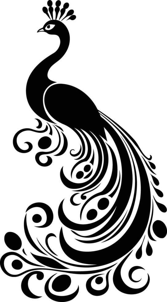 Elegant black and white peacock silhouette with a stylized floral design vector