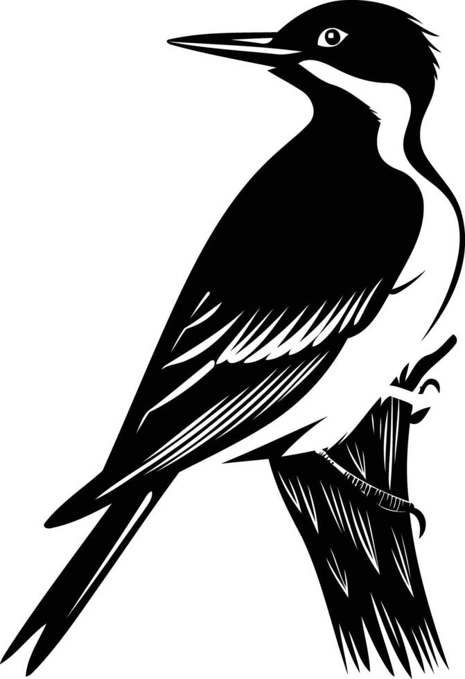 Black and white silhouette of a bird perched on a branch, perfect for nature-themed designs, logos, and illustrations vector