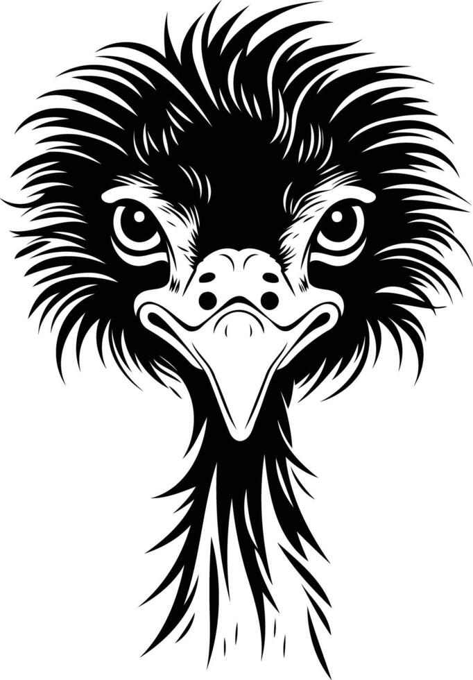 A striking black and white illustration of an ostrich's head, captured in a close-up vector