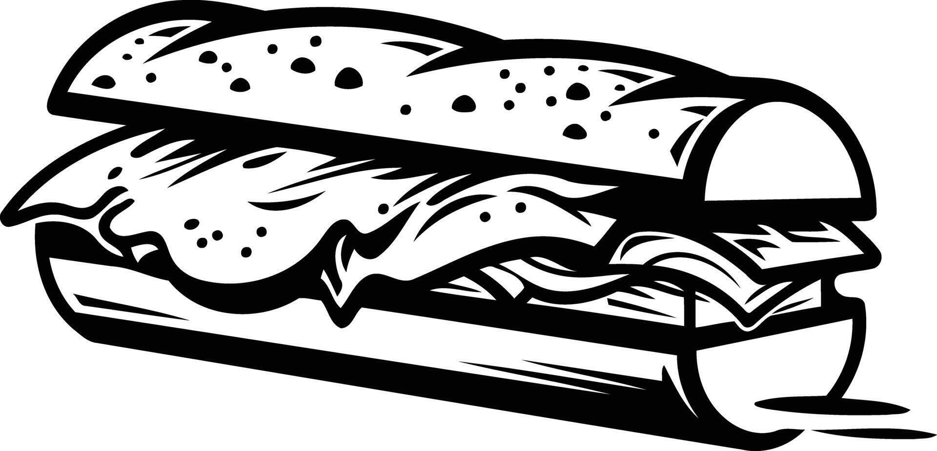A classic, delicious-looking sandwich illustrated in black and white vector