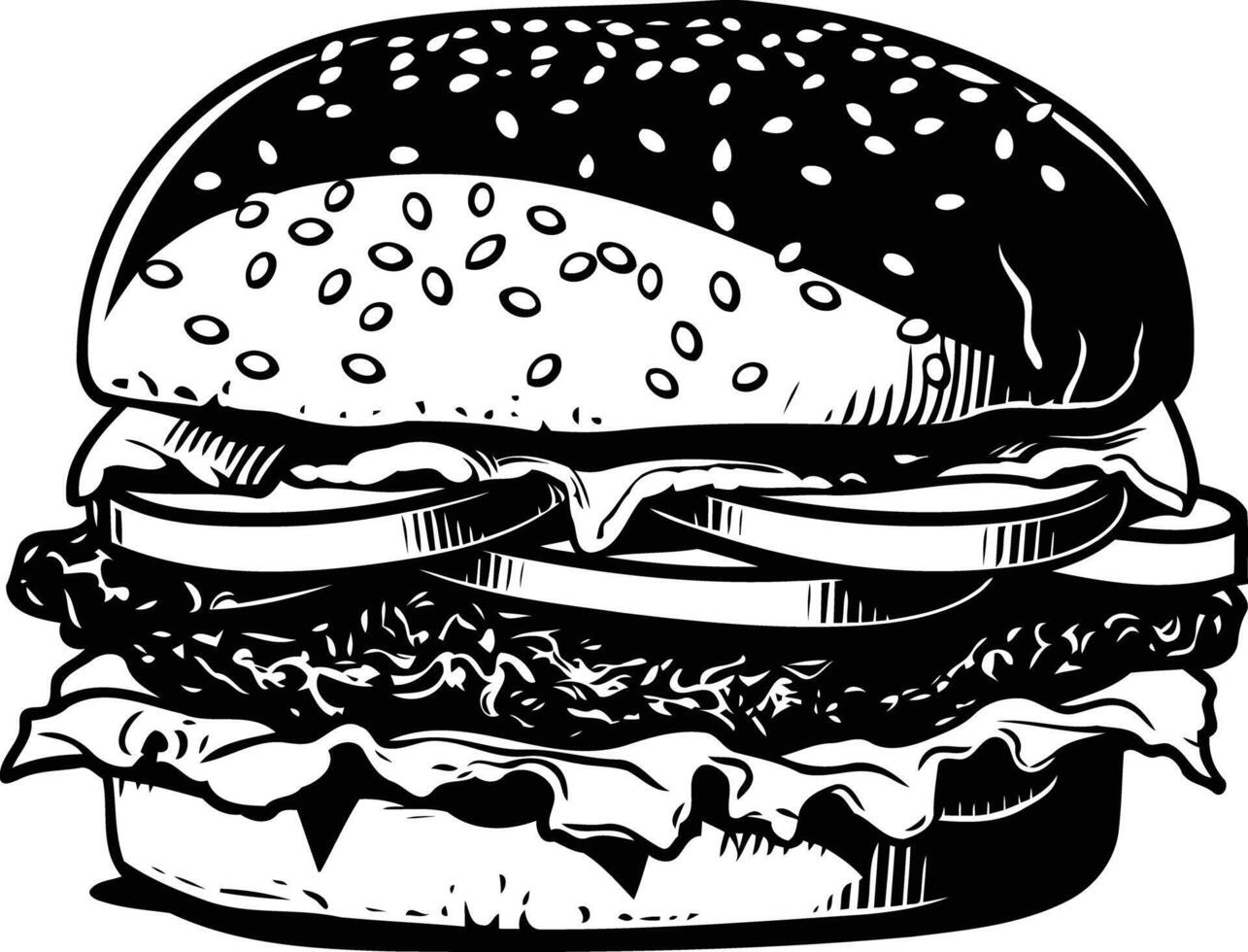 A classic, hand-drawn illustration of a delicious burger, perfect for menus, packaging, and social media vector