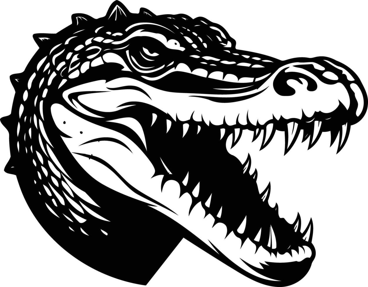 Black and white illustration of a fierce alligator head with sharp teeth vector
