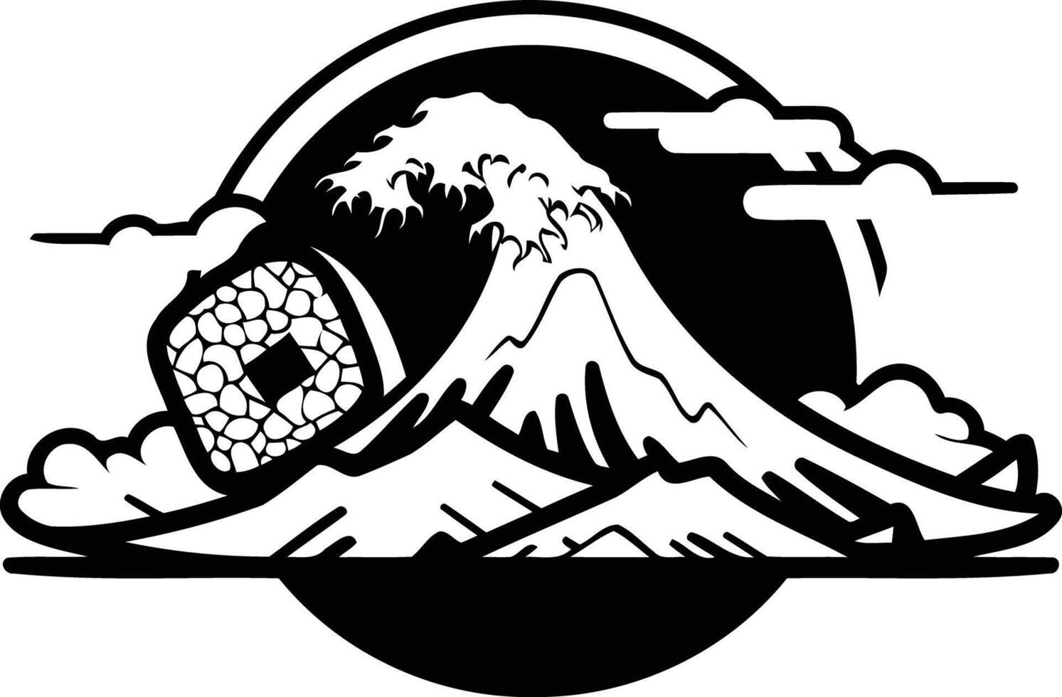 Black and white illustration of a stylized mount fuji with a wave crashing over it, set within a circular shape vector