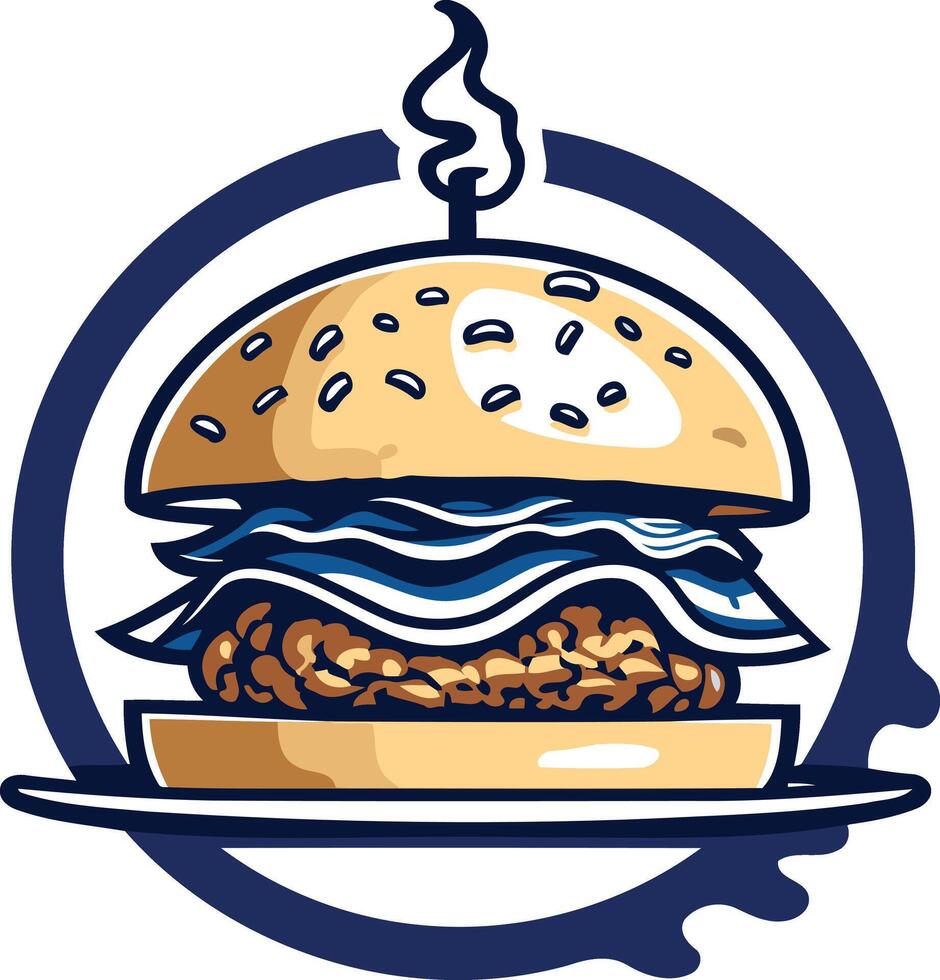 Burger with Sesame Seeds in a Blue Circle vector