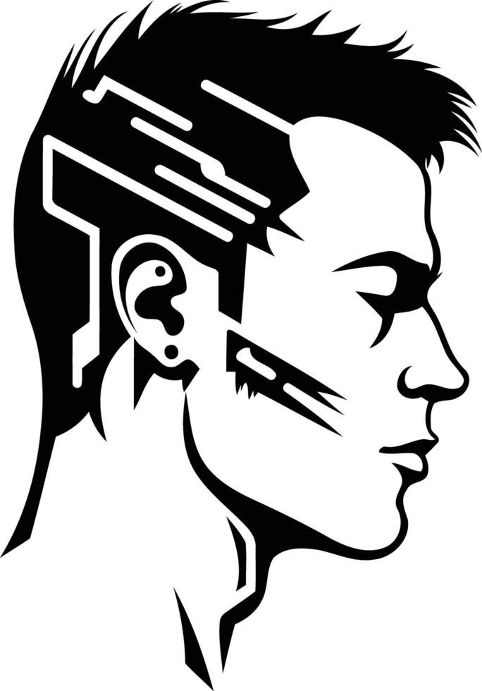 A bold, stylized illustration of a man with a futuristic tattoo design on his head and face vector