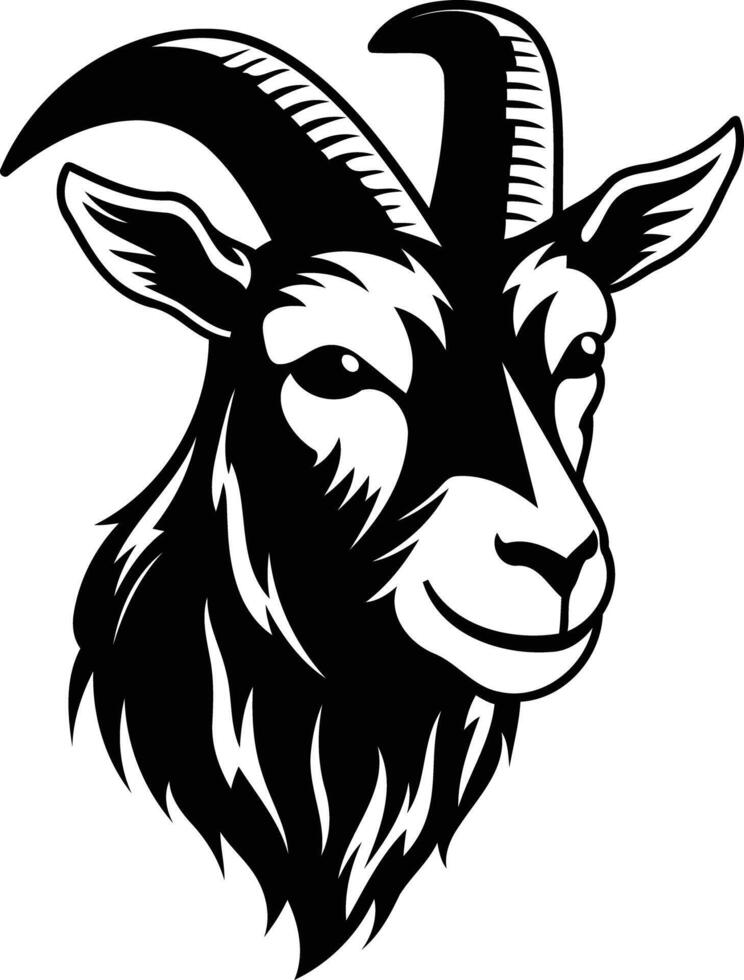 Black and white illustration of a goat's head, perfect for logos, branding, and t-shirt designs vector