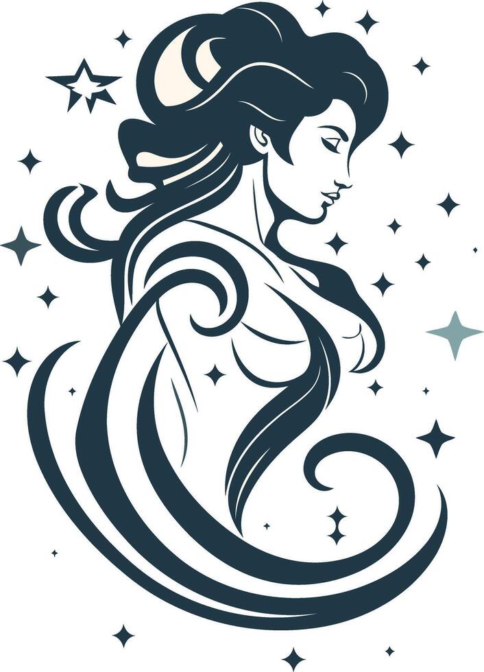 Woman with Long Flowing Hair Surrounded by Stars vector