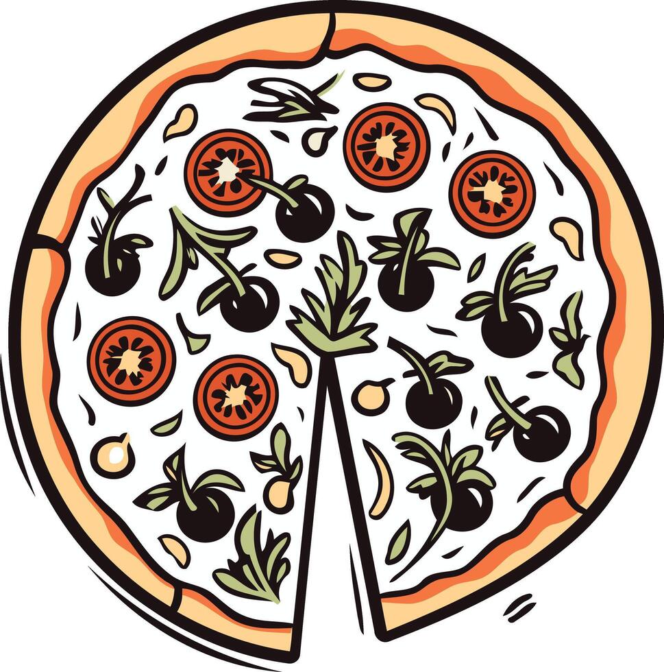 Delicious Pizza with Tomatoes, Olives, and Basil vector