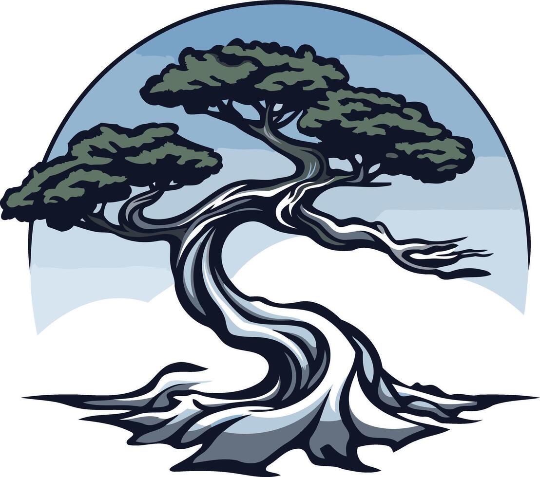 Bonsai Tree Illustration in Blue Tones vector