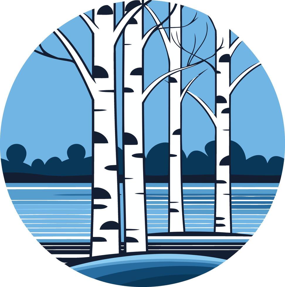 A stylized, circular design featuring birch trees against a serene blue sky and water vector