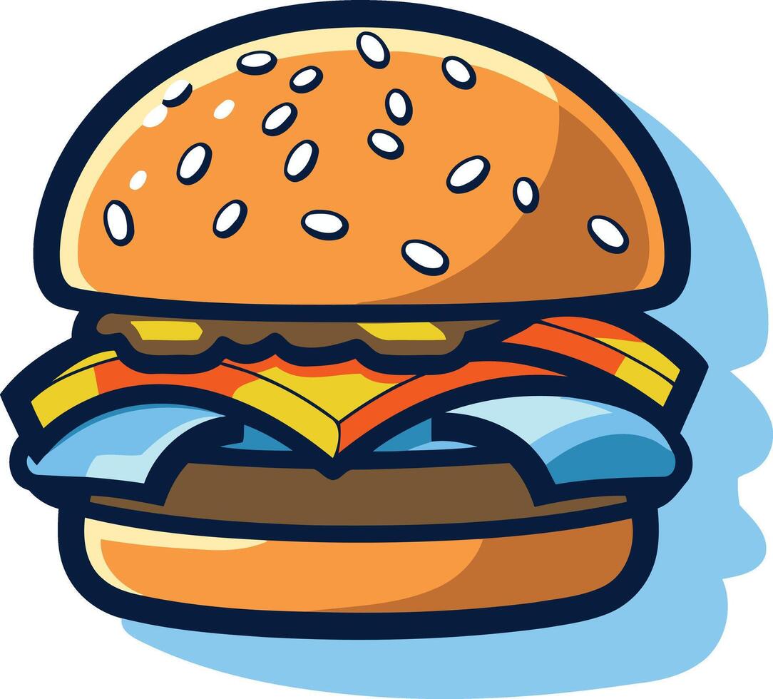 A cheerful cartoon burger with sesame seed bun, cheese, lettuce and tomato vector
