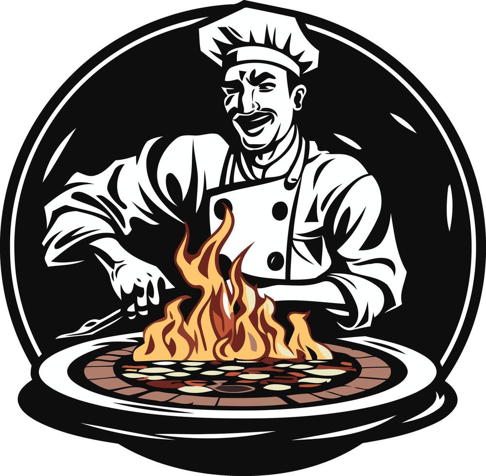 Smiling chef grilling with flames bursting, perfect for restaurant menus, food blogs, and branding vector