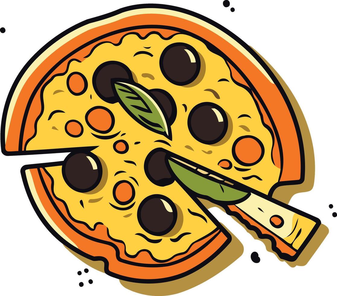 A Slice of Delicious Pizza with Black Olives and Basil vector