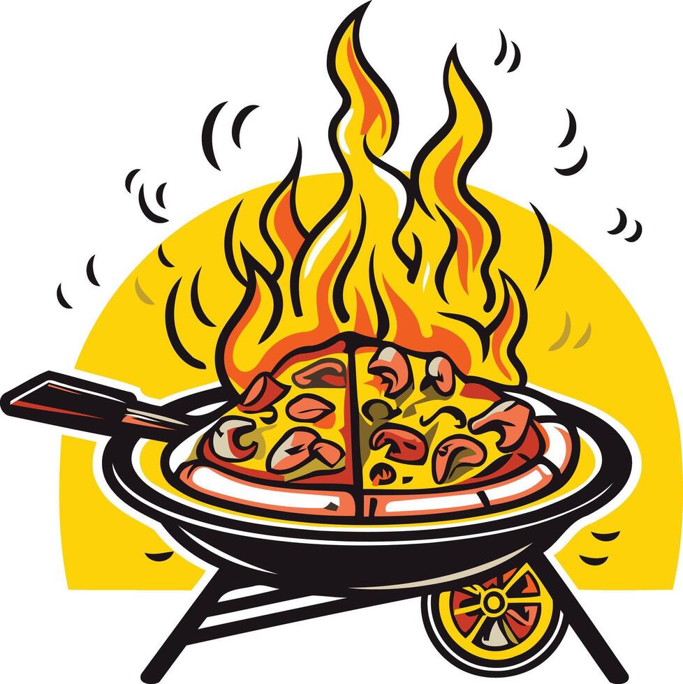 Pizza on a Grill with Flames vector