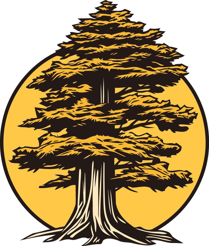 Illustration of a Large Tree in Front of a Yellow Sun vector