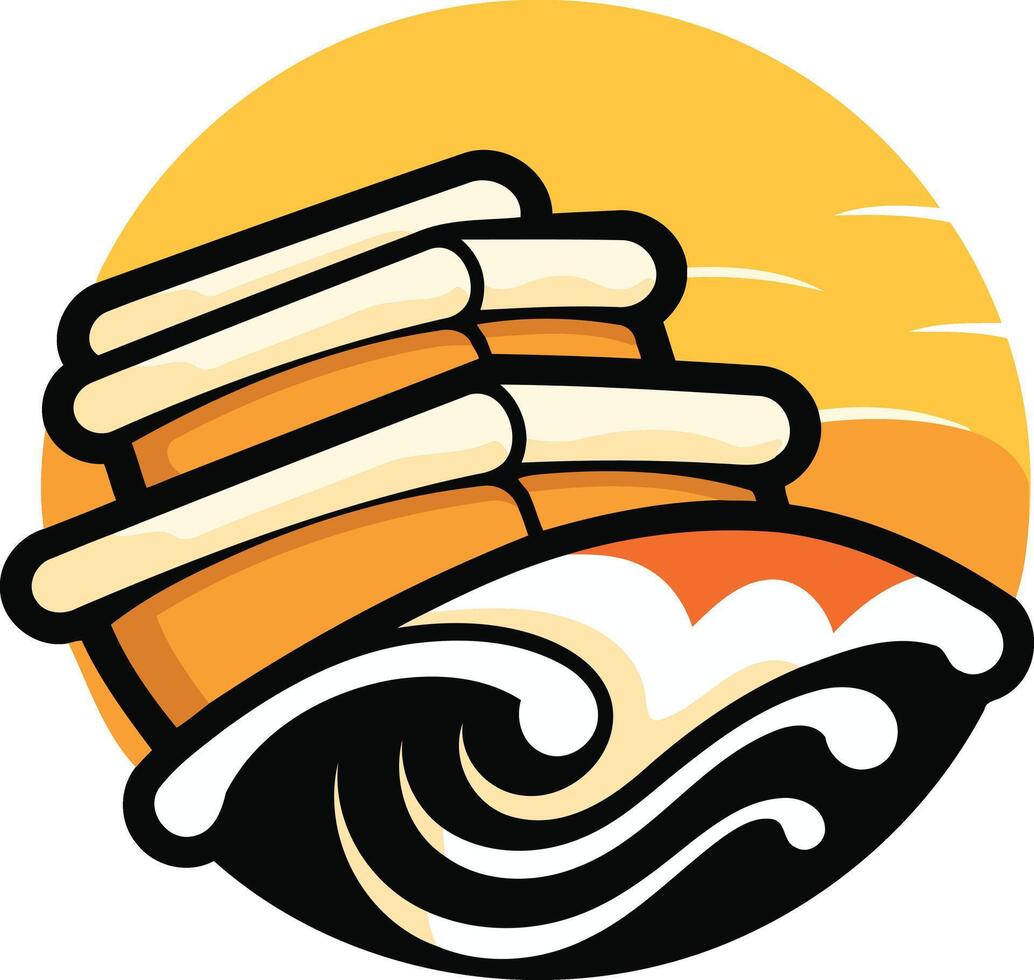 Sushi Roll on a Wave with Sunset vector