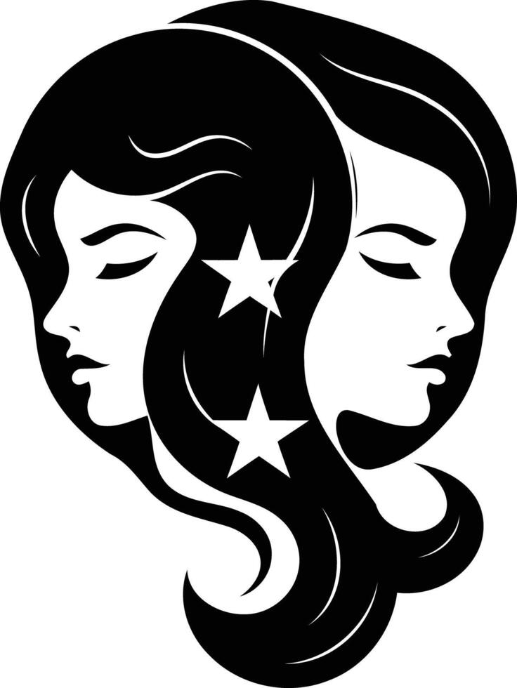 Stylish black and white illustration of two female faces with stars, perfect for representing duality, feminine power, or the gemini zodiac sign vector
