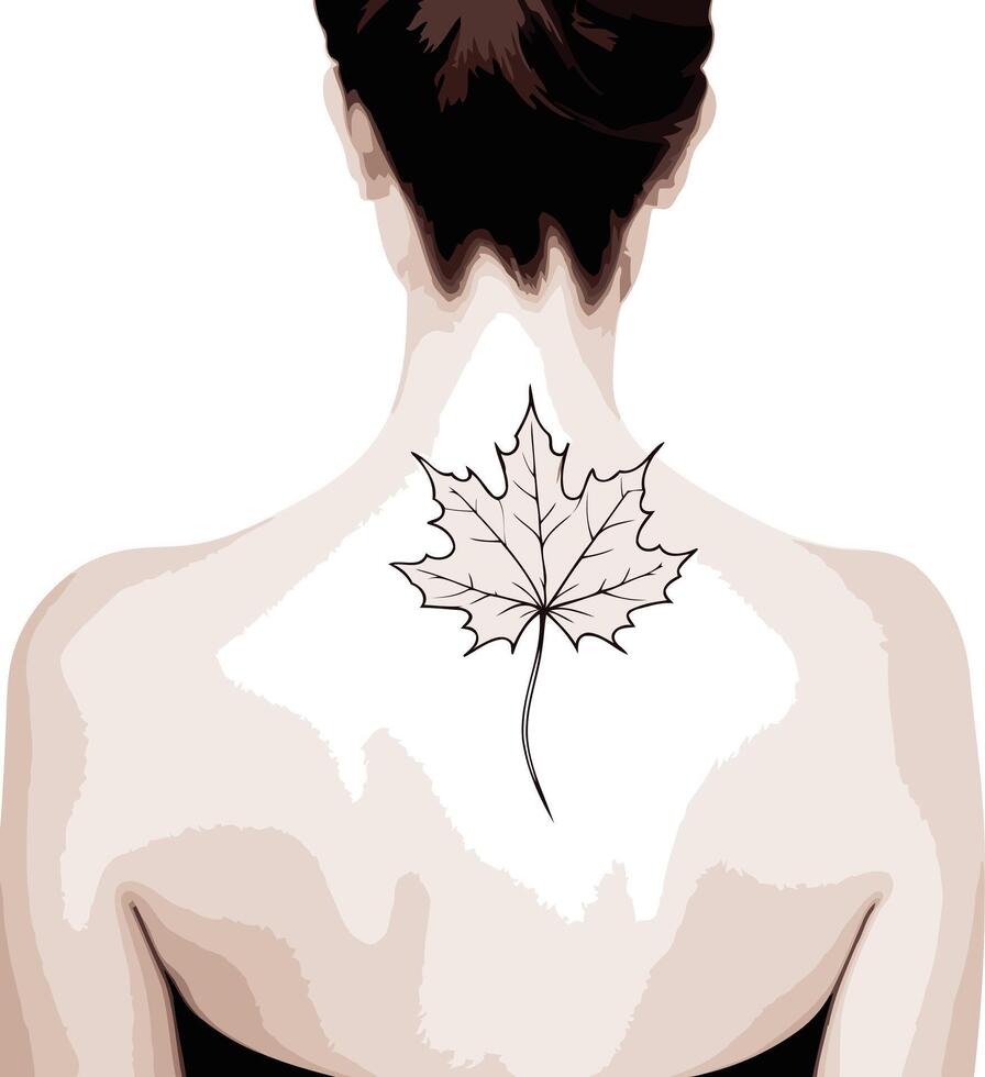 Back View of a Woman with a Maple Leaf Tattoo vector
